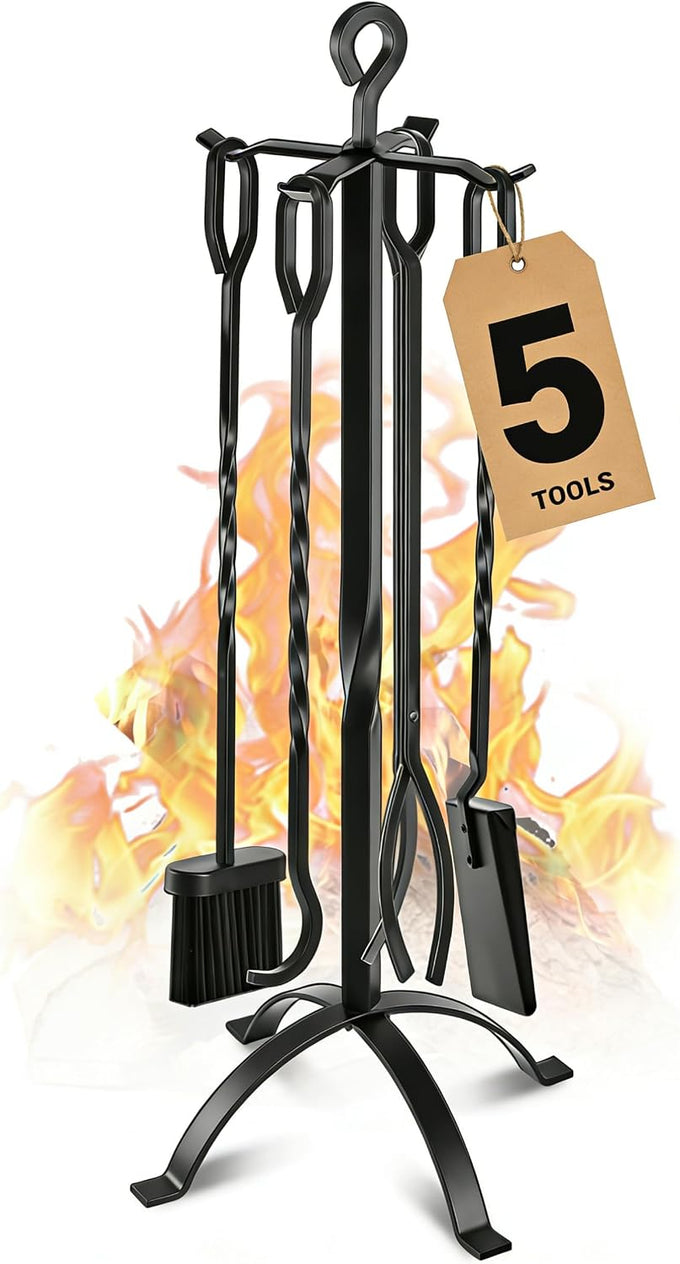 Gtongoko 32" Fireplace Tools Set, 5-Piece Solid Wrought Iron with Stand