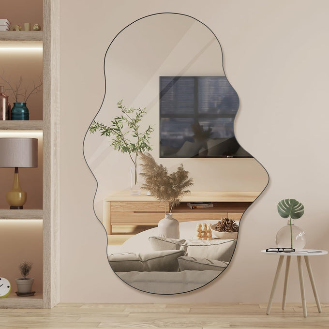 BST FURNH Cloud Shaped Wall Mirror 33.5x20.5 Inch - Large Irregular Asymmetrical Mirror for Living Room Bedroom Bathroom Entryway, Frameless Decorative Wall Mounted Mirror, White