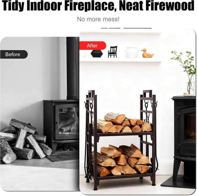 Outvita 2 Tier Firewood Log Rack, Iron Lumber Storage Holder, Wood Pile Stacker Organizer for Indoor Outdoor Fireplace Fire Stove Pit With 4 Fire Tools Hanging Hooks Christmas Elements Brown