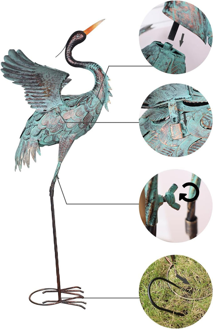 YEAHOME Garden Decor Outdoor Statues, 38"/36" Large Metal Heron Standing Yard Art, Blue Crane Lawn Sculptures Garden Decor for Outside Patio Porch Backyard, Set of 2