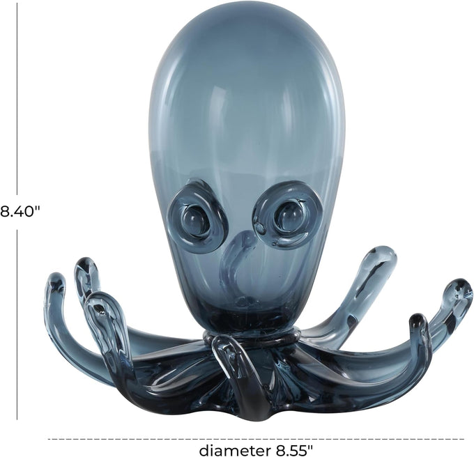 Deco 79 Glass Octopus Decorative Sculpture Cute Ombre Home Decor Statue with Curved Tentacles, Accent Figurine 9" x 9" x 8", Dark Blue