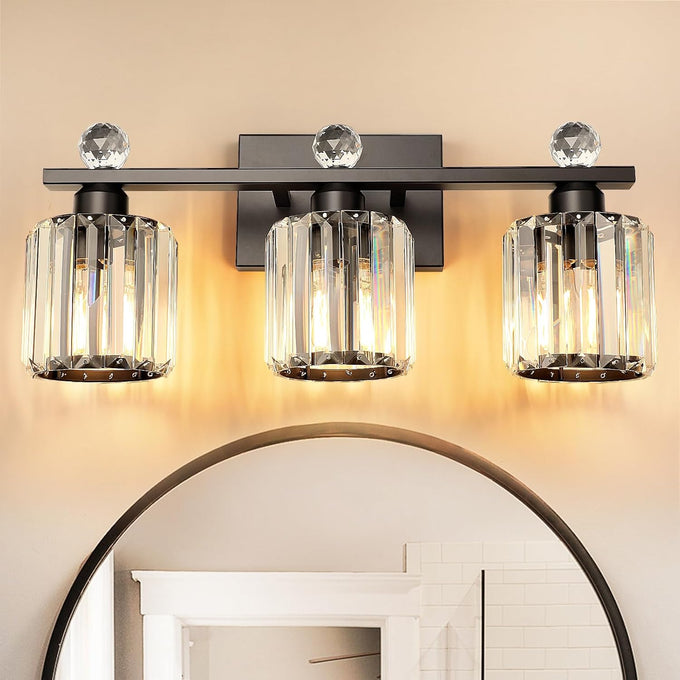 3-Light Gold Bathroom Light Fixtures,Modern Bathroom Vanity Lights Fixture with Clear Crystal Glass Shade, Modern Crystal 3 Lights Wall Sconce for Mirror Bedroom Living Room