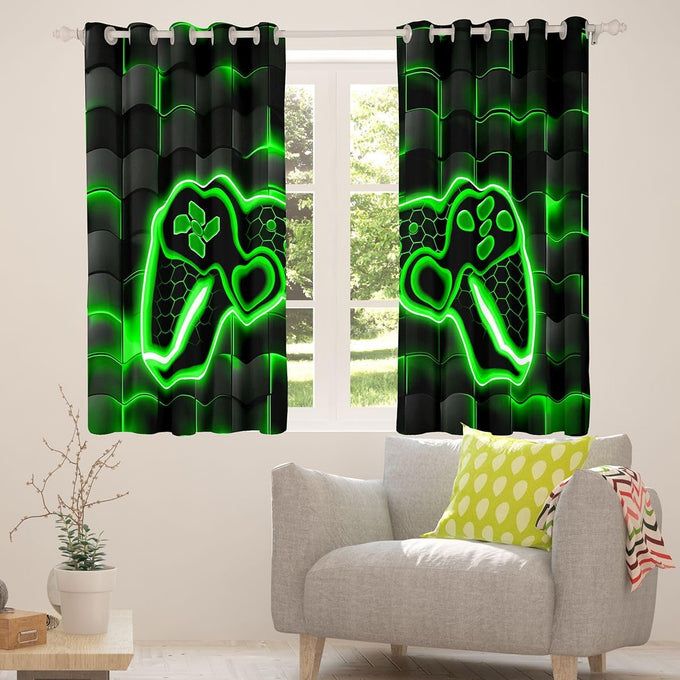 Feelyou Kids Gamer Curtains for Bedroom Living Room (2 Panels, 52 x 96 Inch) Green and Black Darkening Drapes for Boys Gaming Ombre Blackout Curtains Geometric Square Window Treatments