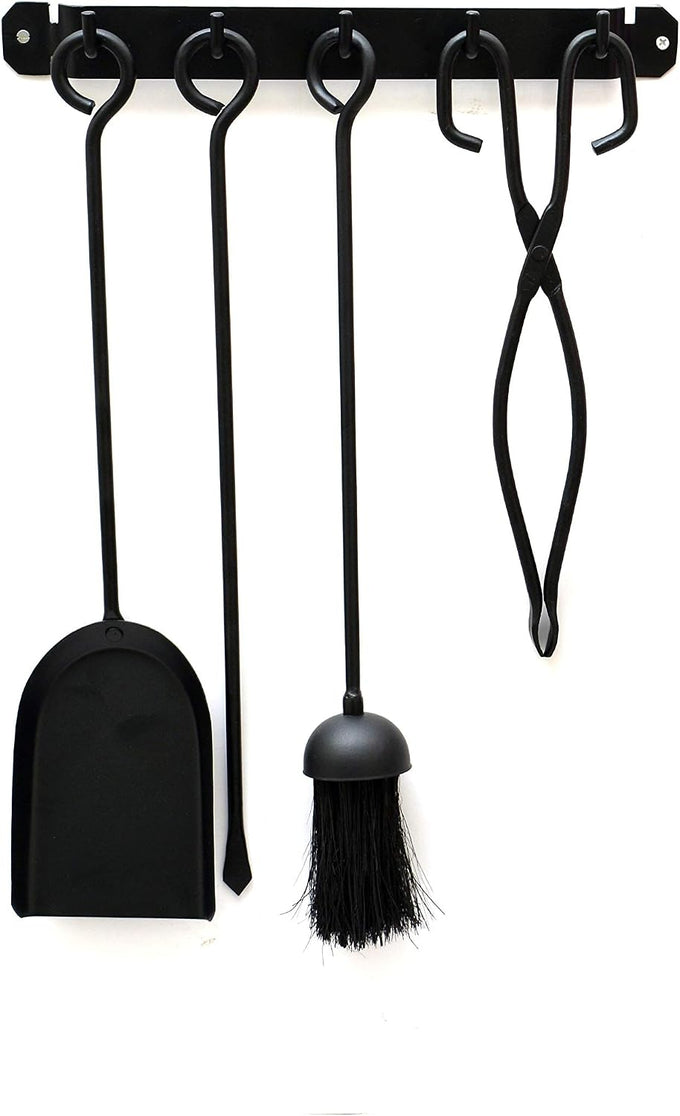 Black 4 Piece Wall Mounted Companion Set Includes - Wall Mounting Bracket - Shovel - Brush - Poker - Fireside - Fireplace - Hanging - Practical