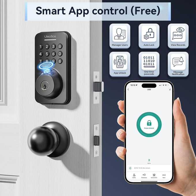Ulecoce U68 Fingerprint Keypad Deadbolt with Knob Set, Matte Black