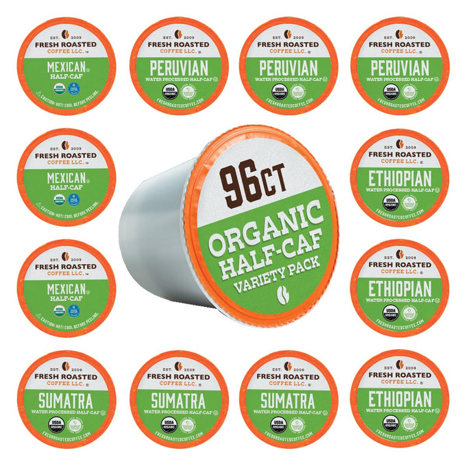 Fresh Roasted Coffee, Organic Water-Processed Half-caf Variety Pack K-Cup Pods for Keurig Brewers, Medium Roast, USDA Organic, Kosher, 96 Count Loose Pack