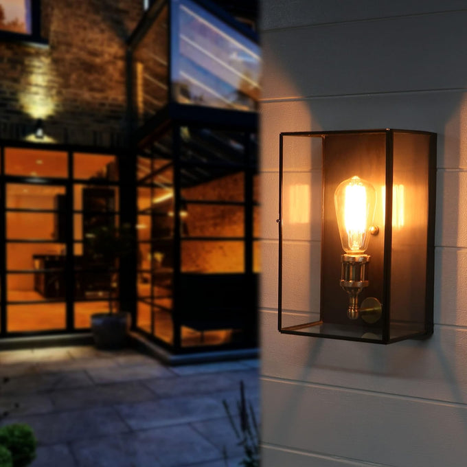 Outdoor Wall Light Fixture, Brass Exterior Wall Lantern, Waterproof Outdoor Wall Sconce Front Porch Light with Unique Door Design for Garage Garden Patio Staircase Balcony