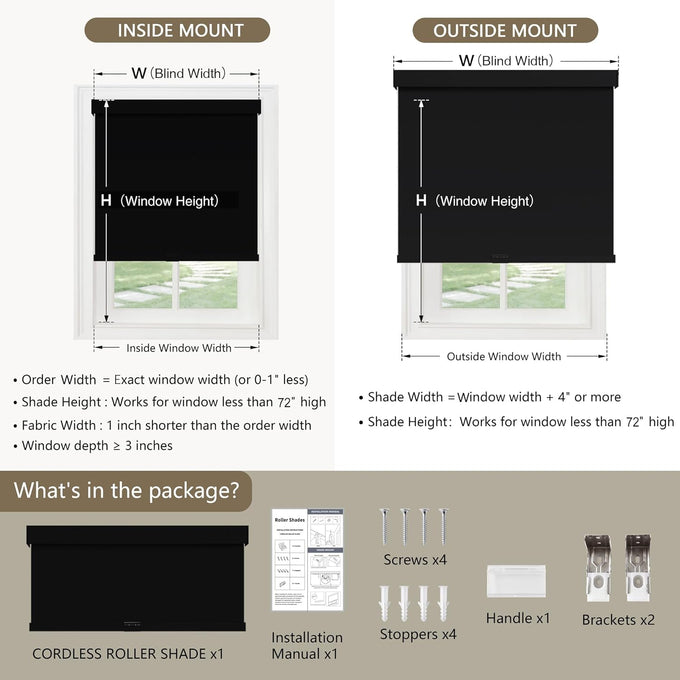 SUNOFF Cordless Blackout Roller Shades Blinds for Windows,34"W x 72"H,Black