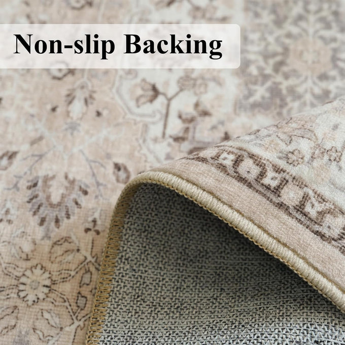 Washable Large 9x12 Area Rug - Living Room Oriental Non Slip Soft Rugs Indoor Low Pile Stain Resistant Carpet for Bedroom Dining Room Farmhouse Distressed Thin Home Decor Floor Mat (9x12 Beige)