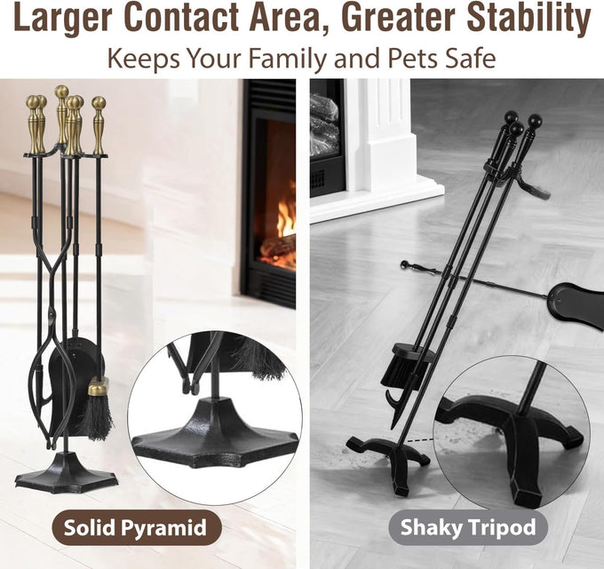 AMAGABELI Garden & Home 5 Pcs Fireplace Tools Brass Handles Wrought Iron Set Holder Indoor Outdoor Fireset Fire Pit Stand Rustic Tongs Shovel Brush Chimney Poker Wood Stove Hearth Accessories Kit