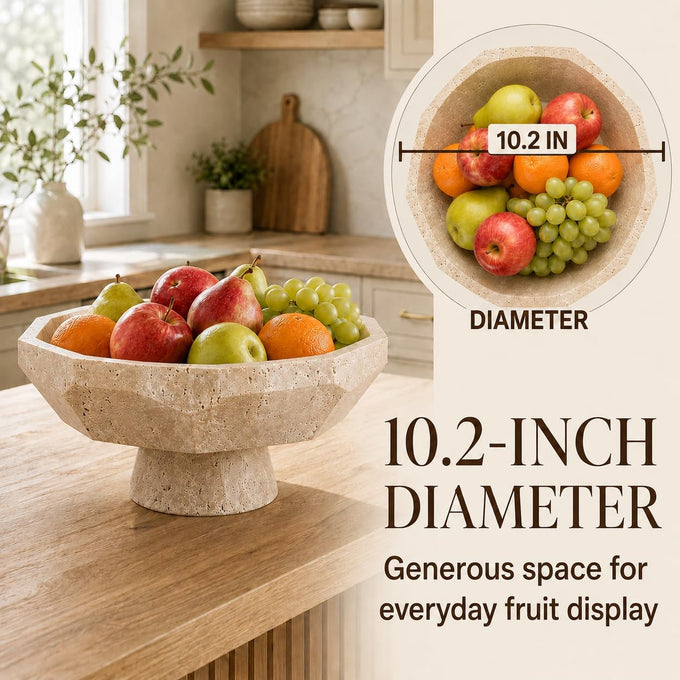 Natural Beige Travertine Pedestal Fruit Bowl, Heavyweight Geometric Diamond Faceted Stone Bowl, Modern Decorative Centerpiece Bowl for Kitchen Counter Island, Entryway Table & Dining Room