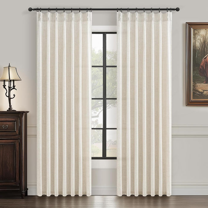 PleatedDrapes Light Filtering Primitive for Living Room, Thick Linen Semi Sheer Curtains 96 Inches Long 2 Panels Set Rustic Country Oatmeal Beige Curtains Patio Door Window Drapes Window Treatments