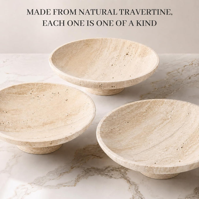 Koville Natural Italian Travertine Fruit Bowl, 11 Inch Decorative Pedestal Bowl, Handmade Stone Centerpiece Bowl for Kitchen Counter, Coffee Table & Dining Table, Modern Home Decor, Beige