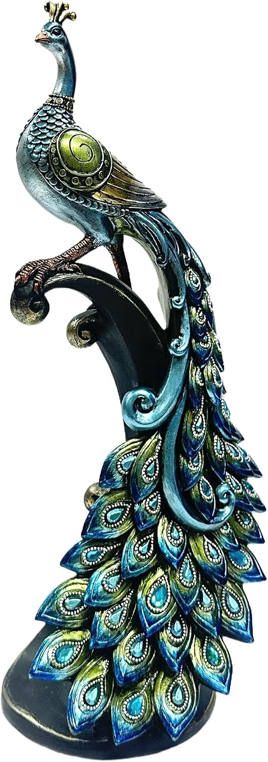 Nature's Mark 16 Inches Tall Peacock Statue - Decorative Resin Peacock Sculpture with Intricate Hand-Painted Details, Blue and Gold Accents for Home, Office, or Garden Decor