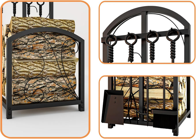 Firewood Storage Rack, Iron, Black, Portable, 20 in