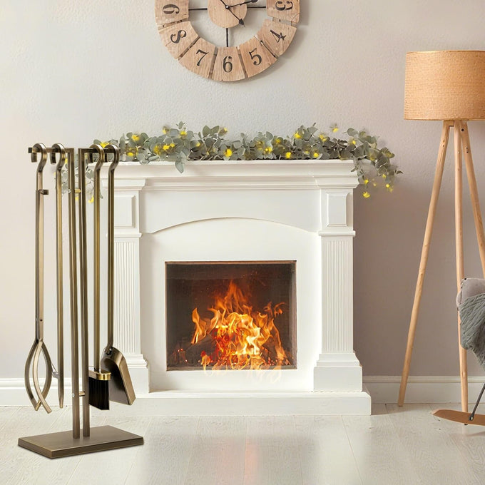 FEED GARDEN Wrought Iron Fireplace Tool Set with Stand, Antique Bronze