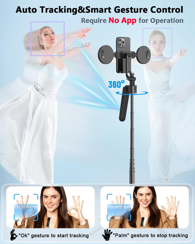 Vlogging Kit for iPhone/Android, 63”Auto Face Tracking Tripod for iPhone with Light, Wireless Microphones, Scrolling Remote Control for TikTok, Content Creator Kit for YouTube Starter