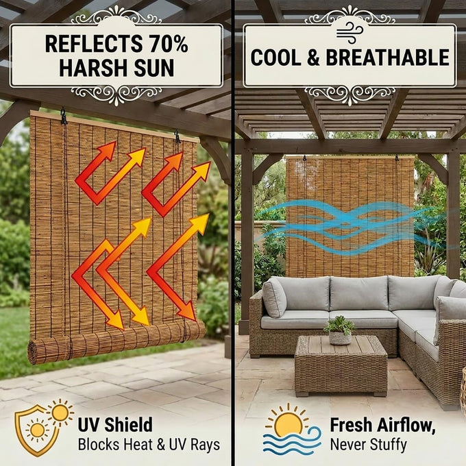 Bamboo Roll Up Blinds for Outdoor Patio and Porch, Bamboo Shades with Lifter for Windows, 48" 50" 64" 72" 78" Outdoor Bamboo Blinds Roller Shades, UV Protection, Privacy Screen(Brown,W72 x H64)