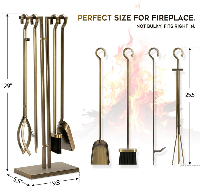 FEED GARDEN Wrought Iron Fireplace Tool Set with Stand, Antique Bronze