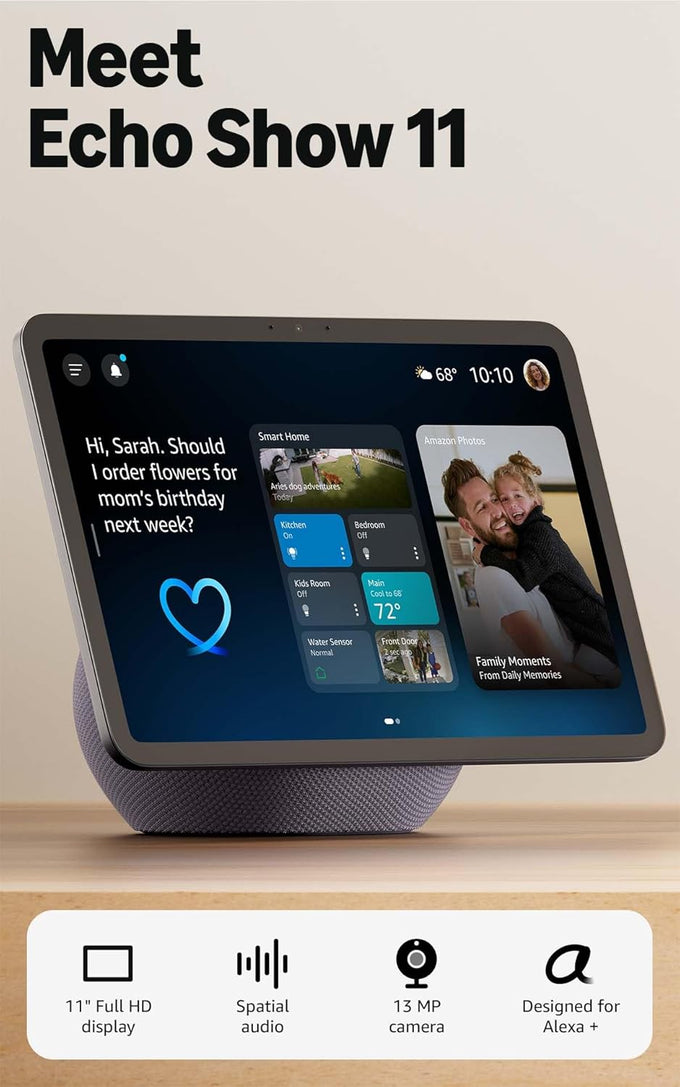 Amazon Echo Show 11 (newest model), Vibrant Full-HD 11" display with more viewing area and spatial audio, Designed for Alexa+, Glacier White