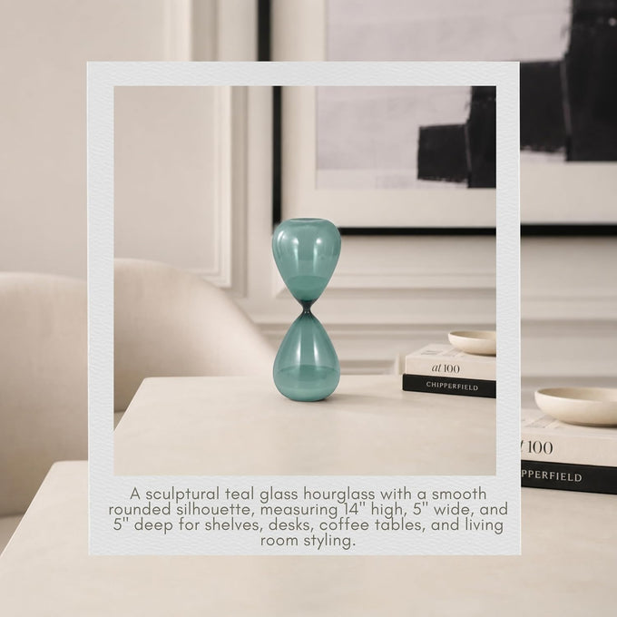 Bombara Teal Hourglass Decorative Object – Small Transparent Glass Sand Timer Modern Home Decor Accent – Shelf & Coffee Table Decor for Office & Living Room – 14", Blue & Green