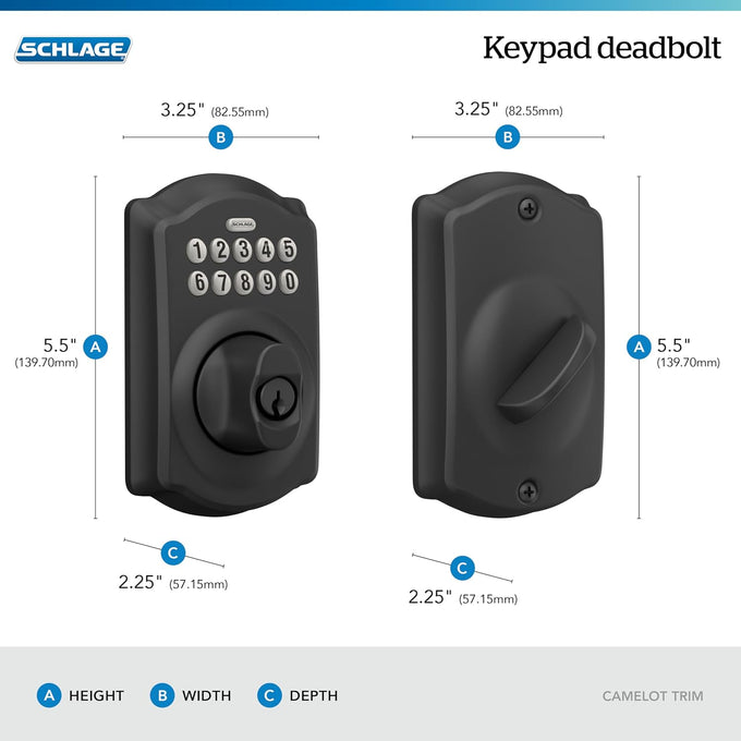 Schlage Electronic Keypad Deadbolt Lock, Camelot Trim, Matte Black