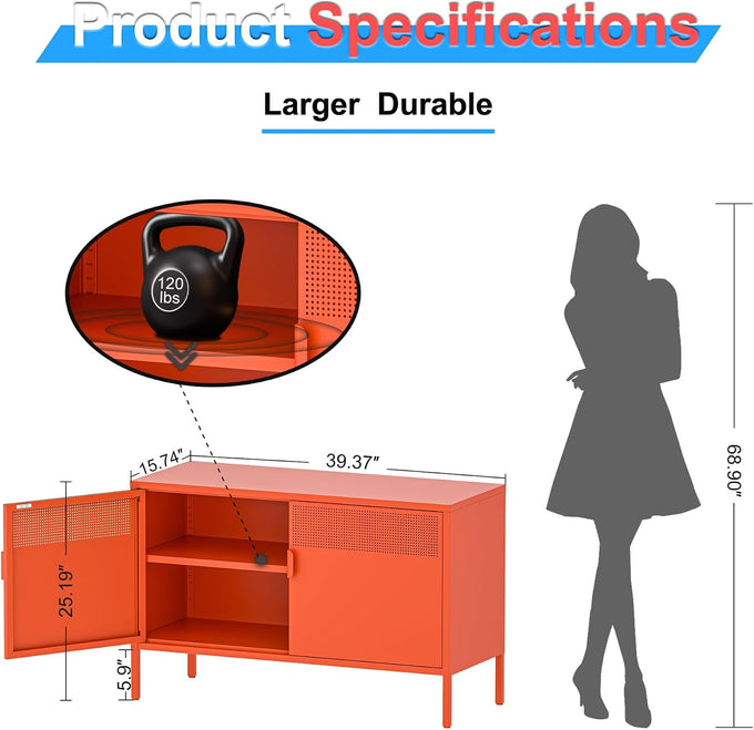 Washsemba 2 Door Accent Cabinet,Orange Metal Storage Cabinet with Adjustable Shelf,2-Tier Shelf,Multipurpose Metal Locker Storage for Office Home,Music Studio (Orange)