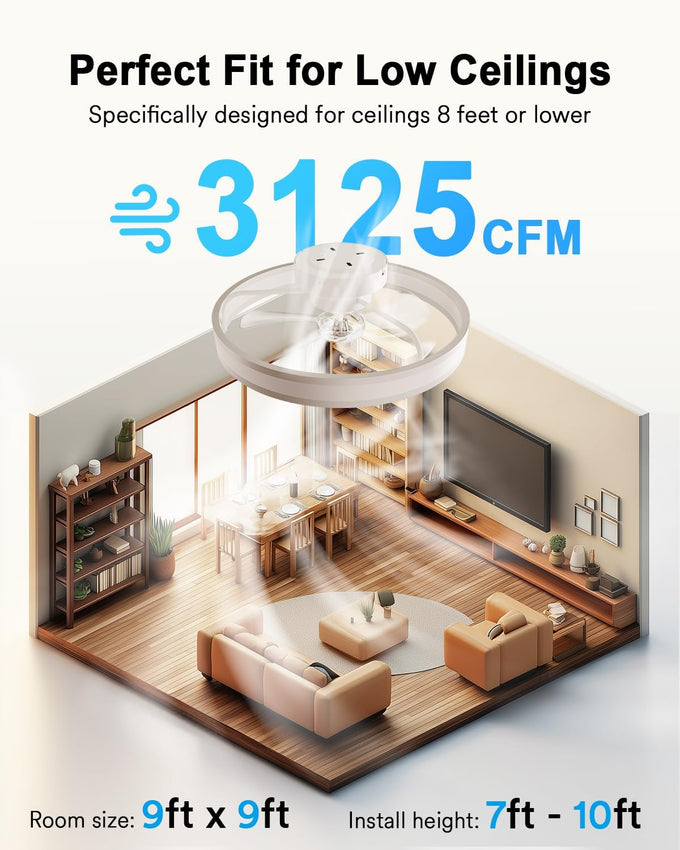 Lumary Smart WiFi Ceiling Fans with Lights, Low Profile Flush Mount White