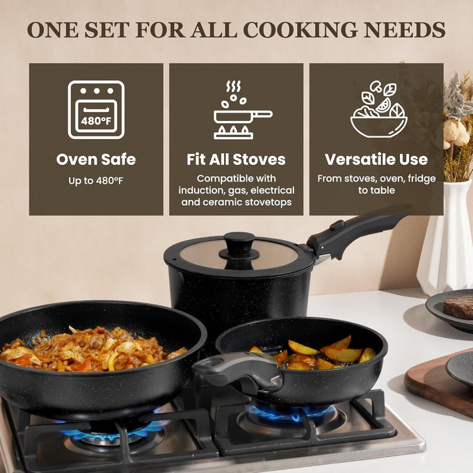 Nonstick Pots and Pans Set - 20 Pack KIKCOIN Stackable Cookware Set with Detachable Handle, RV Kitchen Cooking Set with Removable Handles - Oven Safe, Induction Ready (Black)