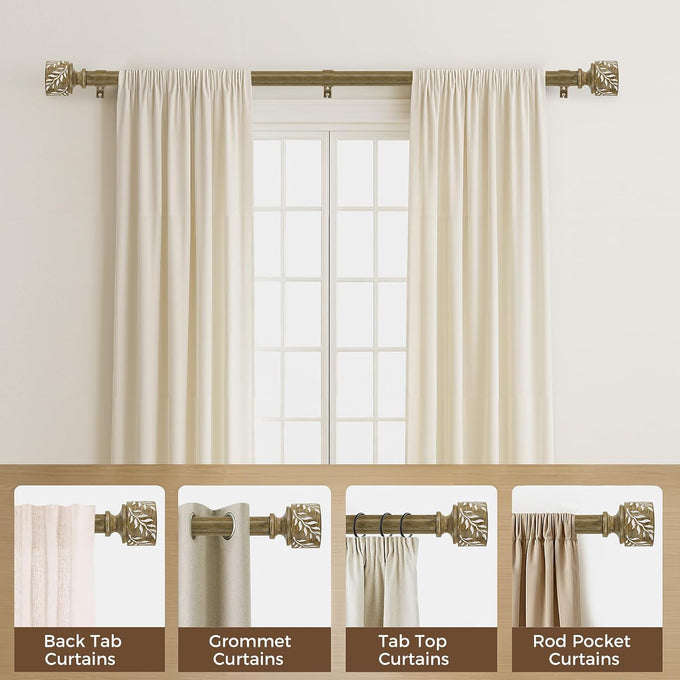 2 Pack Boho Wood Curtain Rods for Windows 32 to 150 Inch, 1" Adjustable Heavy Duty Curtain Rod with Imitation Wooden Grain Leaf Finials, Rustic Decorative Drapery Rods, Size 32"-150", Weathered Wood