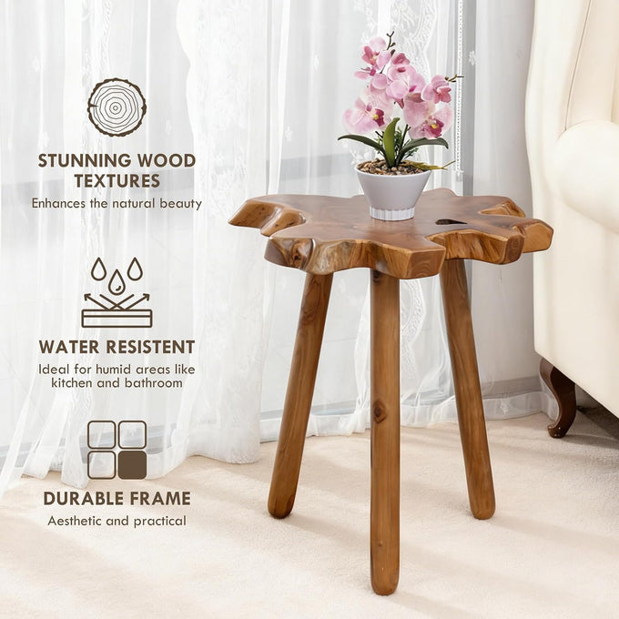 Natural Teak Wood Live Edge Side Table with Wood Legs – Rustic Side Table for Living Room, Bedroom – Sturdy Real Teak Wood End Table, Easy to Assemble (18" x 20" x 20")