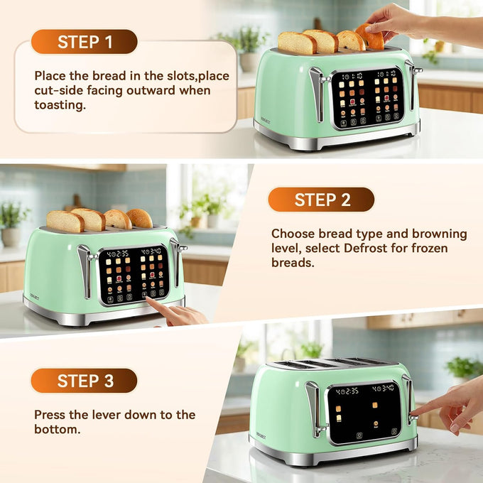 Retro 4 Slice Toaster with Touch Screen & Wide Slots, Mint Green