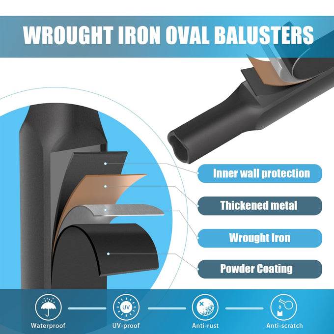 1/2" Wrought Iron Oval Balusters - Hollow Square Balusters-10p