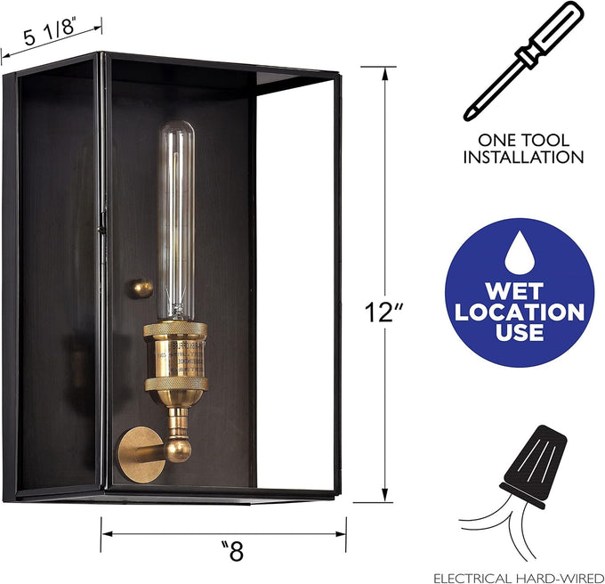 Outdoor Wall Light Fixture, Brass Exterior Wall Lantern, Waterproof Outdoor Wall Sconce Front Porch Light with Unique Door Design for Garage Garden Patio Staircase Balcony