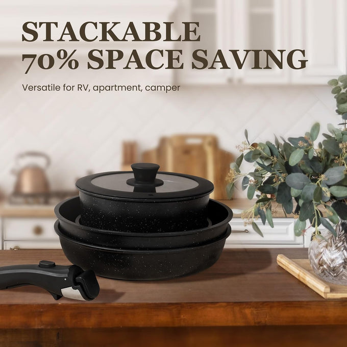 Nonstick Pots and Pans Set - 20 Pack KIKCOIN Stackable Cookware Set with Detachable Handle, RV Kitchen Cooking Set with Removable Handles - Oven Safe, Induction Ready (Black)