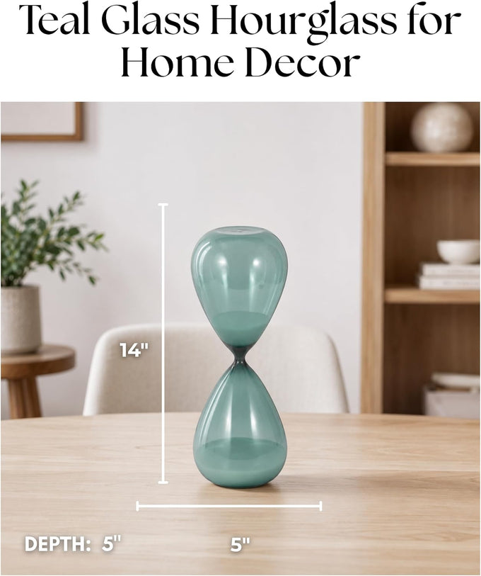 Bombara Teal Hourglass Decorative Object – Small Transparent Glass Sand Timer Modern Home Decor Accent – Shelf & Coffee Table Decor for Office & Living Room – 14", Blue & Green