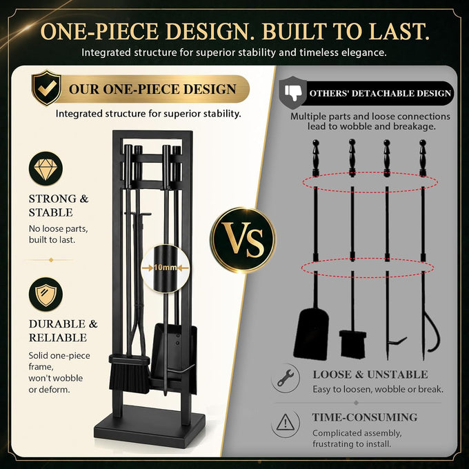 FEED GARDEN 5-Piece Fireplace Tool Set, 30" One-Piece Stand, Wrought Iron