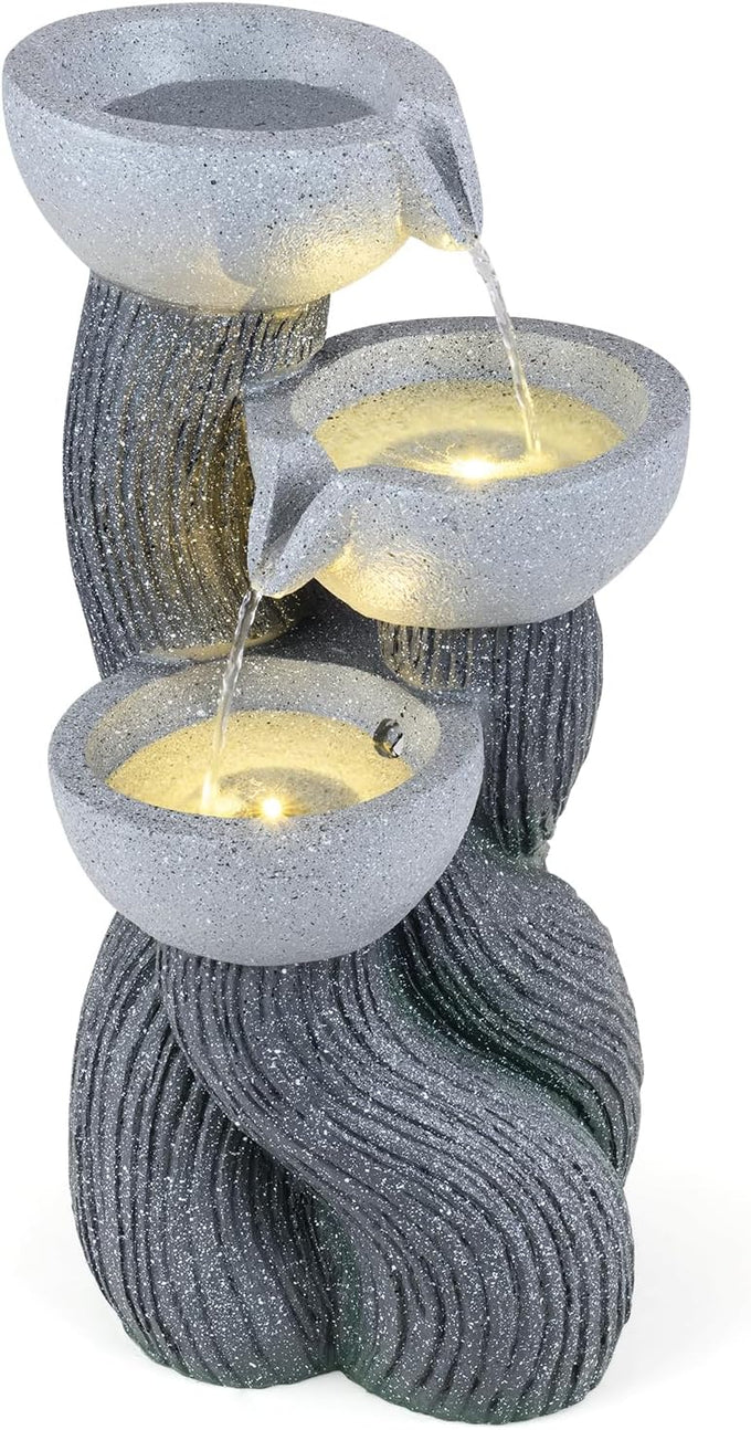 Giantex 3-Tier Outdoor Water Fountain with Lights, 18.5 Inch Cascading Bowls Tabletop Fountain with Pump, Resin Garden Waterfall Feature for Indoor Outdoor Patio, Yard, Porch Decor