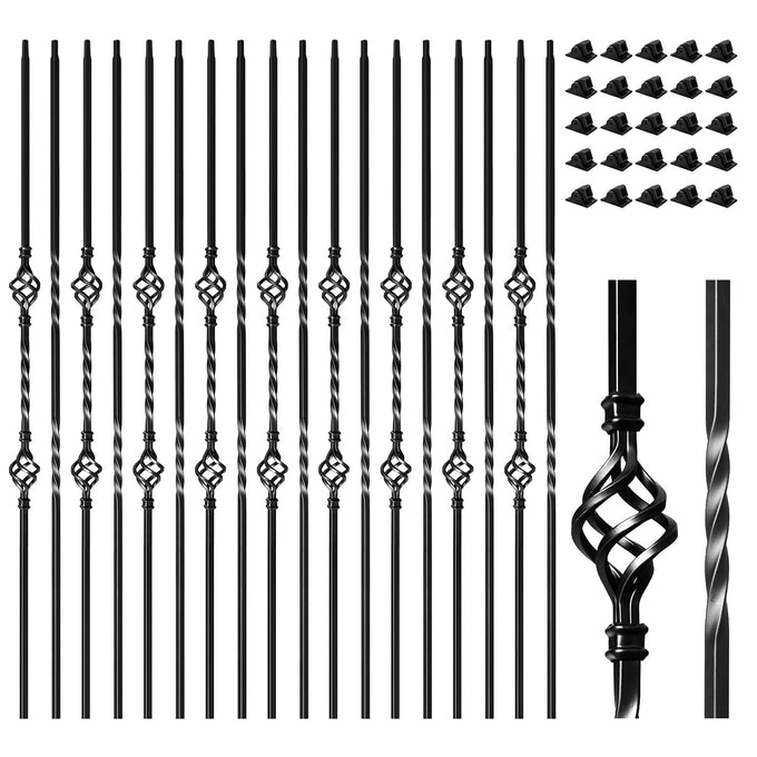 16 Pack Wrought Iron Balusters for Staircase Interior, 1/2" x 44" Hollow Deck Spindles Stair Railing Indoor with 32 Fixed Swivel Shoes, Metal Double Basket Decorative Stair - Matte Black