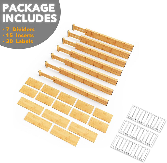 SpaceAid Bamboo Drawer Dividers with Inserts and Labels, Kitchen Adjustable Drawer Organizers, Expandable Organization for Home, Office, Dressers, 7 Dividers with 15 Inserts (17"-22" Natural)
