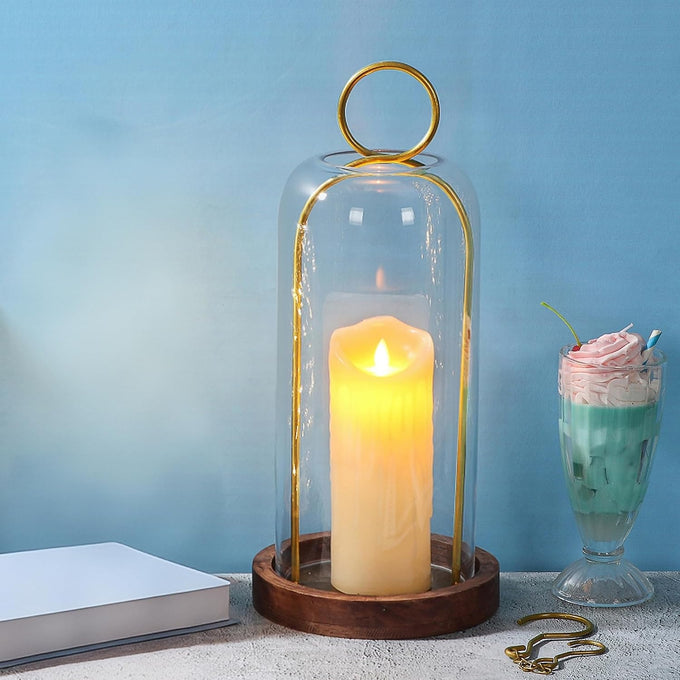16" High Versatile Vintage Brass Metal Candle Holder with Handmade Sturdy Glass Dome and Natural Wooden Base for Pillar Candle & Plants, Industrial, Farmhouse, Shabby Chic, Display Cloche Bell Jars