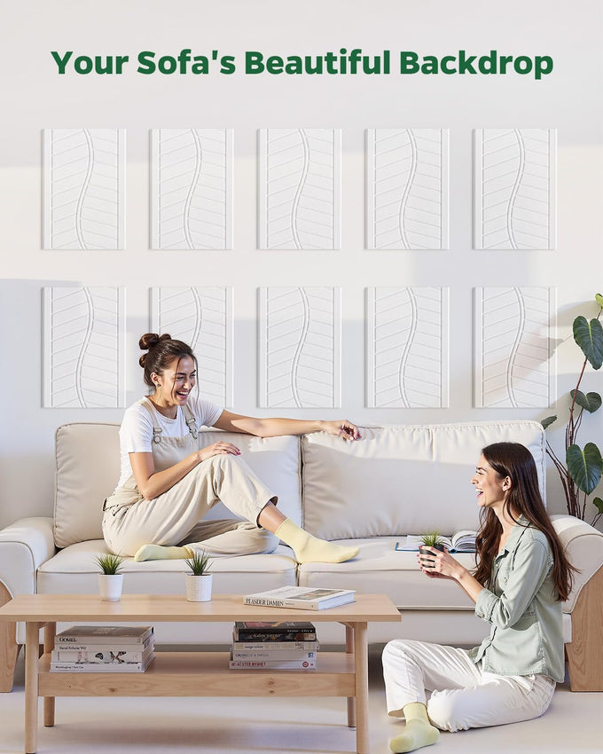 12 Pack Acoustic Wall Panels Sound Absorbing for Recording Studio, Self-Adhesive Leaf Textured Decorative White Art Ceiling Tiles - Acoustical Treatments for Home Gaming Room Door 17"×12"×0.4"