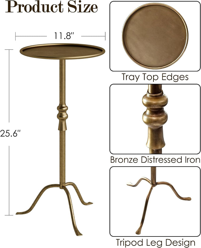 25.6" Vintage Round Pedestal End Table with Tray Top, Bronze