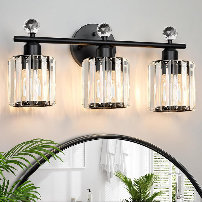 3-Light Gold Bathroom Light Fixtures,Modern Bathroom Vanity Lights Fixture with Clear Crystal Glass Shade, Modern Crystal 3 Lights Wall Sconce for Mirror Bedroom Living Room