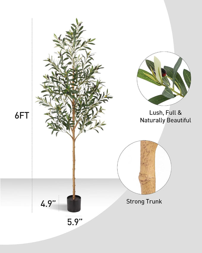 FLOWORLD 6FT Olive Trees Artificial Indoor, Tall Fake Olive Tree (72in) with Realistic Leaves and Olives, Sturdy Weighted Base,Large Faux Plants for Home Office, Living Room, Outdoor
