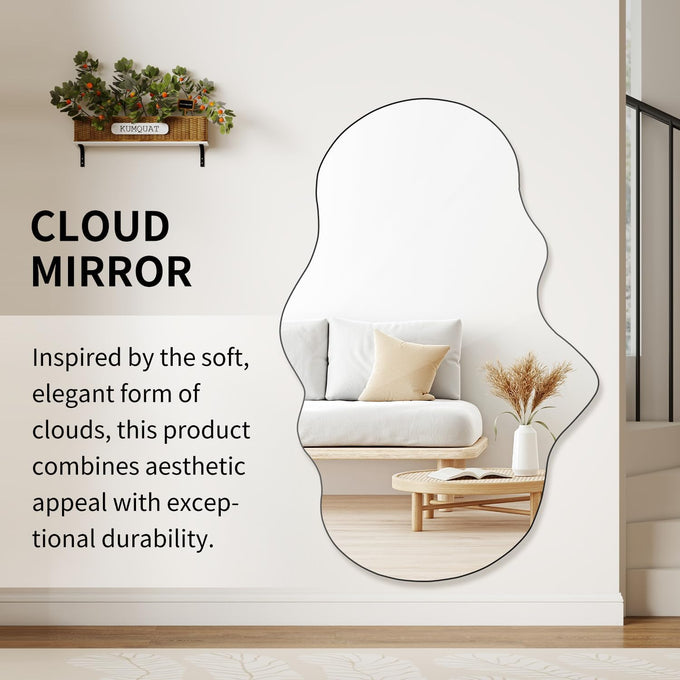 BST FURNH Cloud Shaped Wall Mirror 33.5x20.5 Inch - Large Irregular Asymmetrical Mirror for Living Room Bedroom Bathroom Entryway, Frameless Decorative Wall Mounted Mirror, White