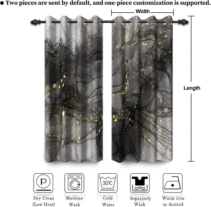 Grey Black Gold Ink Marble Blackout Window Curtains 2 Panels 84" L x 53" W
