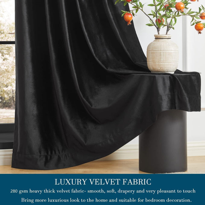 PRIMROSE Black Curtains 120 inch for Living Room Velvet Drapes Blackout Rod Pocket Back Tab Window Treatment Semi Room Darkening Decor Curtains for Bedroom Set of 2 Panels