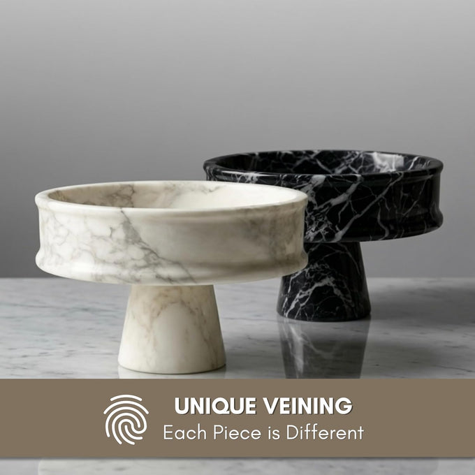 Marble Pedestal Bowl for Kitchen Counter, 10" Handcrafted Natural Stone Decorative Fruit Bowl, Catch-All Key Dish, Dining Table Centerpiece, Pedestal Bowl, & Housewarming Gift (Black Marble)