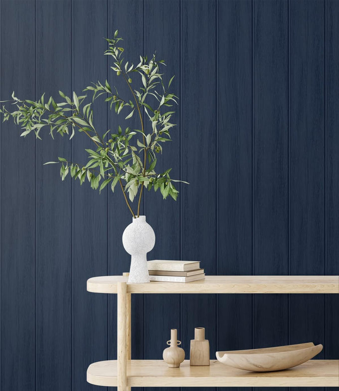 Faux Wood Panel Prepasted Wallpaper (Naval Blue)